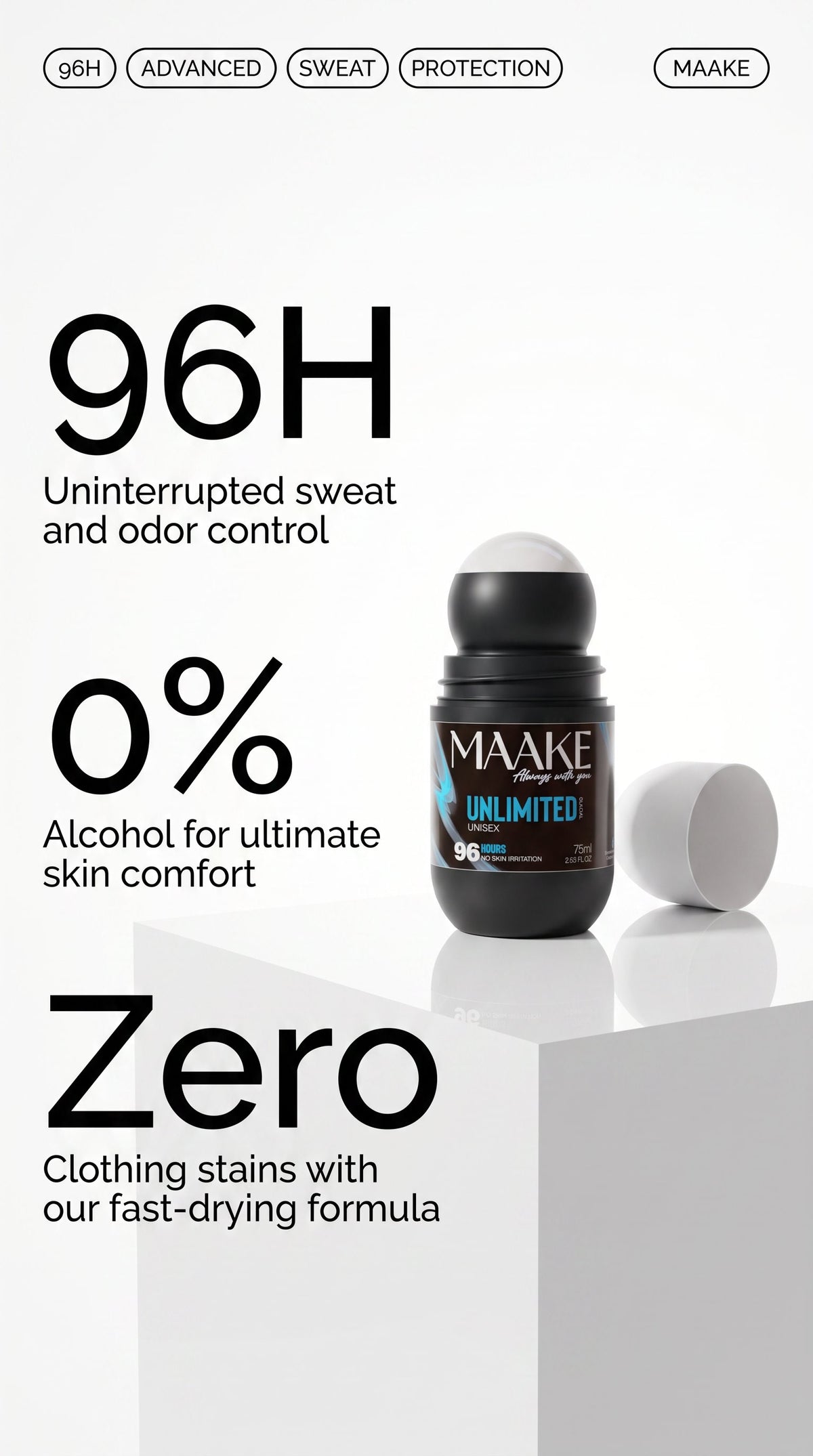 UNLIMITED Glacial Alcohol-Free Roll-on Antiperspirant 96H